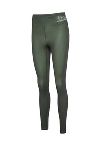 Legginsy w kolorze oliwkowym, wykonane z gładkiego, elastycznego materiału, z wysokim stanem i kontrastowymi żółtymi szwami.