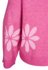 Różowy sweter dziany z kwiatowym wzorem w jaśniejszym odcieniu różu na rękawach, z prążkowanymi wykończeniami przy mankietach.