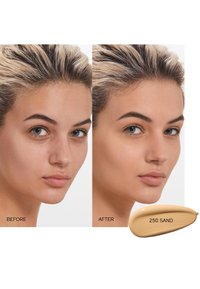 Foundation comparison: left shows bare skin, right evenly toned. Shade displayed is "250 Sand," with creamy texture and light beige hue.