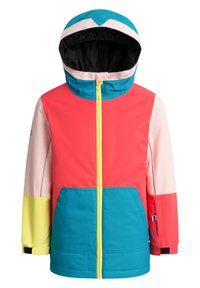 Färgglad jacka med en turkos huva, rosa kropp och gula detaljer. Den har en dragkedja framtill och två framfickor.