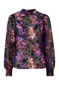 Blumenbluse aus transparentem Stoff mit hohem Kragen. Sie besitzt lila, rosa und orangefarbene Blumen auf schwarzem Hintergrund und weit geschnittene Ärmel.