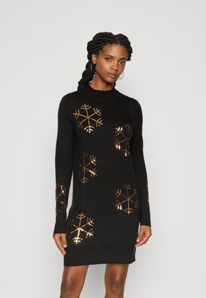 Black sweater dress made of knit fabric, featuring metallic gold snowflake patterns, long sleeves, and a ribbed neckline and hem.