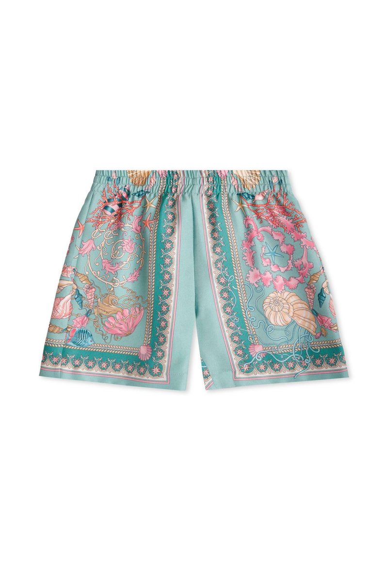 Pantaloni corti azzurri con vivaci stampe marine in corallo e rosa. Caratterizzati da una vita elasticizzata e una texture di tessuto liscia e lucida.
