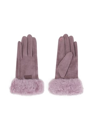 Guanti in finta pelliccia e camoscio color lavanda, con un polsino fluffy e cuciture decorative. Un guanto presenta un dettaglio accentato sulla punta delle dita.
