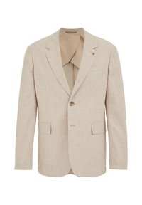 Beige single-button men’s blazer with subtle check pattern, notch lapels, flap pockets, and smooth inner lining.