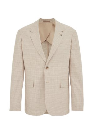 Beige vienpogu vīriešu žakete ar smalku rūtainu rakstu, ar nošķirtām atloka atlokiem, kabatām ar vāciņiem un gludu oderi iekšpusē.