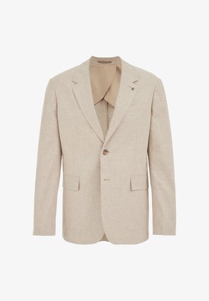 Béžové pánske sako na jedno gombík s jemným károvaným vzorom, vykrojenými klopami, vreckami s chlopňami a hladkou vnútornou podšívkou.