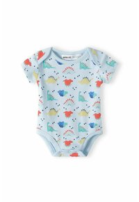 Kratki rukav bodysuit od svijetloplave tkanine s raznobojnim uzorcima dinosaura, kopčanje na dnu i nježna tekstura.