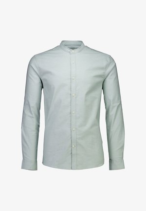 Lichtgroen overhemd met lange mouwen, bandkraag en voorpand met witte knopen; gemaakt van zachte, gestructureerde stof.