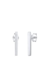 Boucles d'oreilles clous en argent avec un design rectangulaire plat, présentant une texture brossée et des fermoirs papillon sécurisés, marquées "925" pour argent sterling.