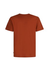 Camiseta de manga corta y cuello redondo en color naranja quemado. Tejido de algodón suave con un corte clásico. Sin logotipos ni patrones visibles en la parte posterior.
