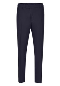 Marineblauwe dress pants met een tailored fit, voorzien van een platte voorkant, riemlussen en een gladde textuur. Geen zichtbare patronen of accenten.