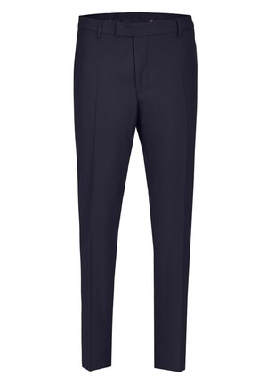 Marineblauwe dress pants met een tailored fit, voorzien van een platte voorkant, riemlussen en een gladde textuur. Geen zichtbare patronen of accenten.