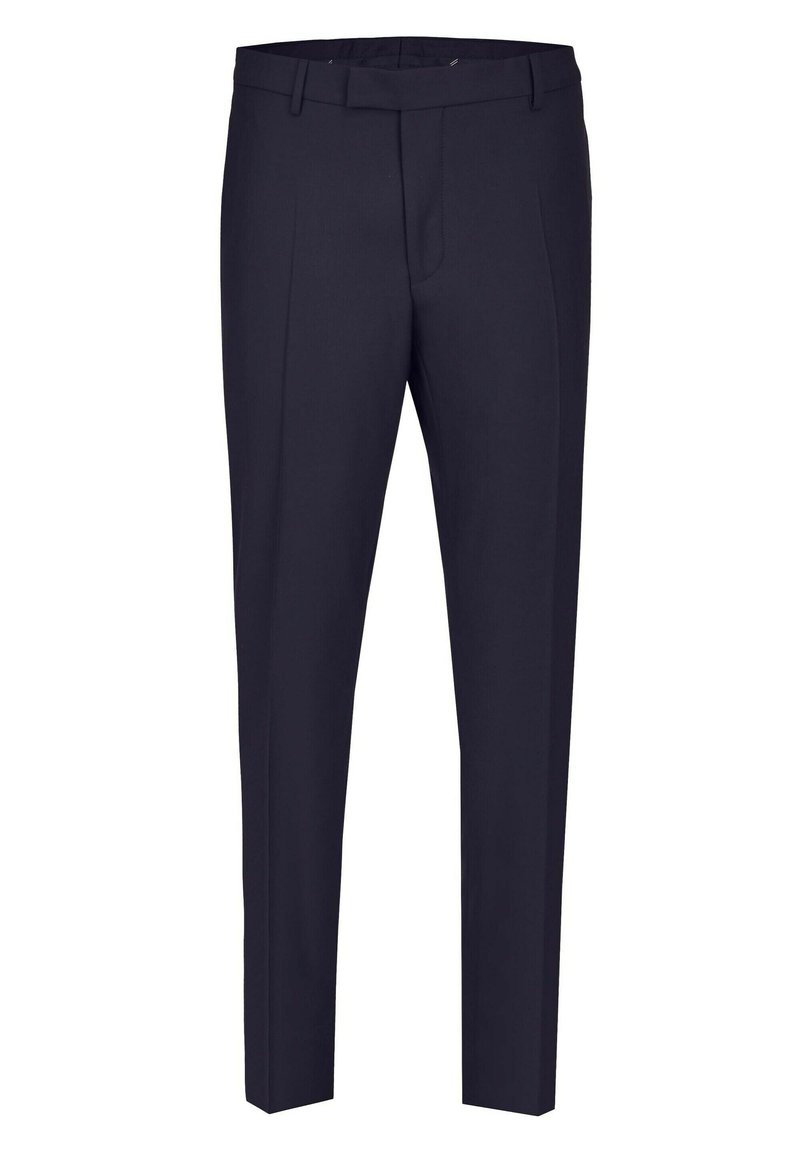 Marineblauwe dress pants met een tailored fit, voorzien van een platte voorkant, riemlussen en een gladde textuur. Geen zichtbare patronen of accenten.