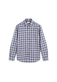 Camisa de manga larga de algodón, con un patrón a cuadros azul y blanco, cuello botón y botones marrones a lo largo del frente.