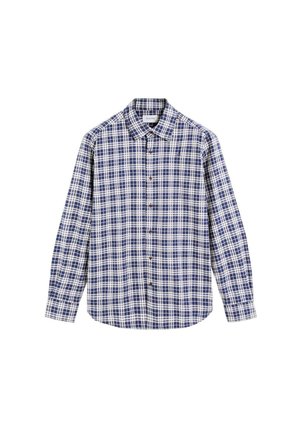 Cămașă cu mânecă lungă din bumbac, având un model cu pătrățele albastre și albe, guler cu nasturi și nasturi maro pe față.