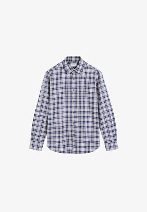 Polo met lange mouwen van katoen, met een blauw en wit geruit patroon, een kent-kraag en bruine knopen aan de voorkant.