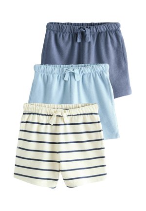 Three pairs of shorts: a dark blue, a light blue, and a light yellow with navy stripes. All feature elastic waistbands and drawstring ties.