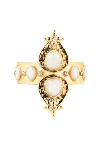 Gold-tone ring features a textured band with teardrop-shaped white stones and small clear rhinestones, highlighted by a central ornate design.