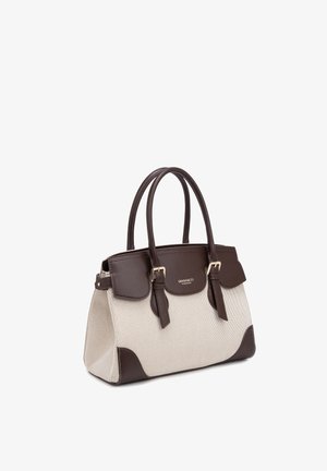 Beige stoffen handtas met donkerbruine leren handvatten, hoekaccenten en gespdetails, gebrandmerkt met "Diana & Co Firenze" op de klep.