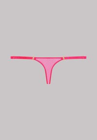 Rosa Mesh-Thong mit dünnen Trägern und gelben Akzenten. Verfügt über ein "Maison Close"-Logo an dem Bündchen. Minimale Bedeckung.