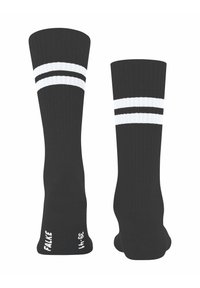 Calze nere fino al ginocchio con due strisce orizzontali bianche nella parte superiore e testo bianco "FALKE 39-41" nell'area del piede.