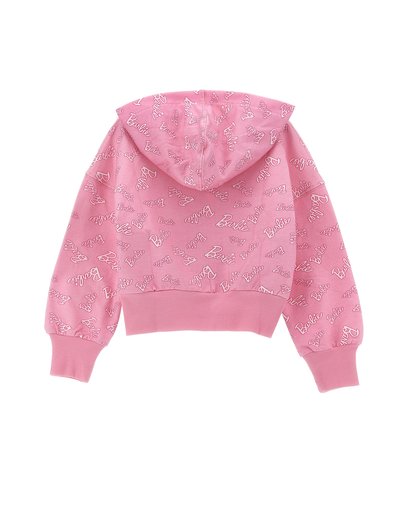 Felpa con cappuccio rosa presenta la scritta "Barbie" ripetuta in bianco. Tessuto morbido, polsini e orlo a costine, e cappuccio con cordino.