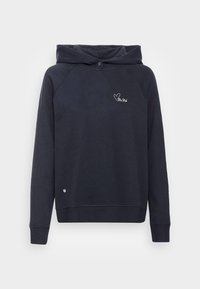 Felpa blu navy con bottoni a pressione frontali, maniche lunghe, piccolo cuore bianco e testo "Mrs.Madi" sul lato sinistro del petto, polsini e orlo a costine.