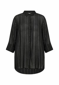 Fekete gombos ing háromnegyedes ujjakkal. Átlátszó anyag, fémes függőleges csíkokkal és kerekített alsó résszel. Klasszikus galléros dizájn.