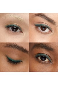 Four close-up views of eyes featuring turquoise eyeliner. Varied skin tones and eyebrow shapes enhance the contrast with the liner.