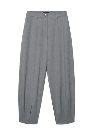 Pantalon gris tailleur taille haute avec bouton devant, fermeture éclair, poches latérales, passants de ceinture et plis près des ourlets.