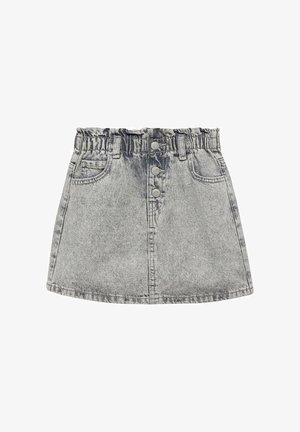 Denim mini-jurk in lichtgrijs met een verzamelde elastische tailleband, vijfdruksluiting en twee voorzakken. Rimpelige structuur overal.