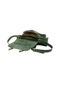 Borsa a tracolla in pelle verde con finitura lucida, dotata di una lunga tracolla regolabile, due scomparti con zip e una chiusura a scatto magnetico.
