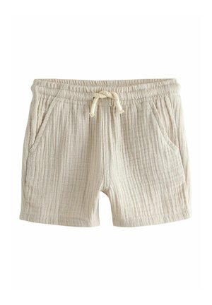Kniehohe beige Shorts aus strukturiertem Stoff, mit einem elastischen Bund mit Kordelzug und zwei Seitentaschen.