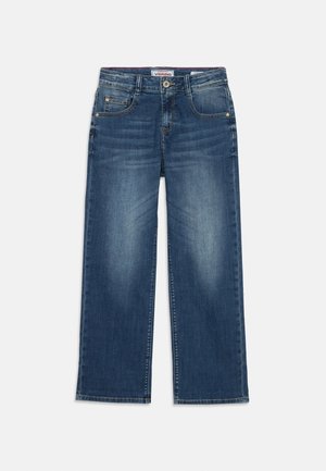 Jean en denim bleu avec coupe droite, fermeture à bouton et zip devant, cinq poches, et détails subtilement délavés.