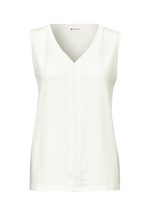 White sleeveless V-neck blouse with subtle vertical stitch detailing down the front and around the neckline.