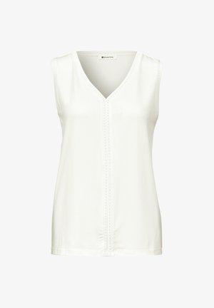 White sleeveless V-neck blouse with subtle vertical stitch detailing down the front and around the neckline.