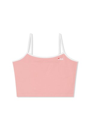 Roze cropped tanktop met witte bies en dunne witte schouderbandjes, met klein FILA-logo aan de bovenkant aan de linkerkant.