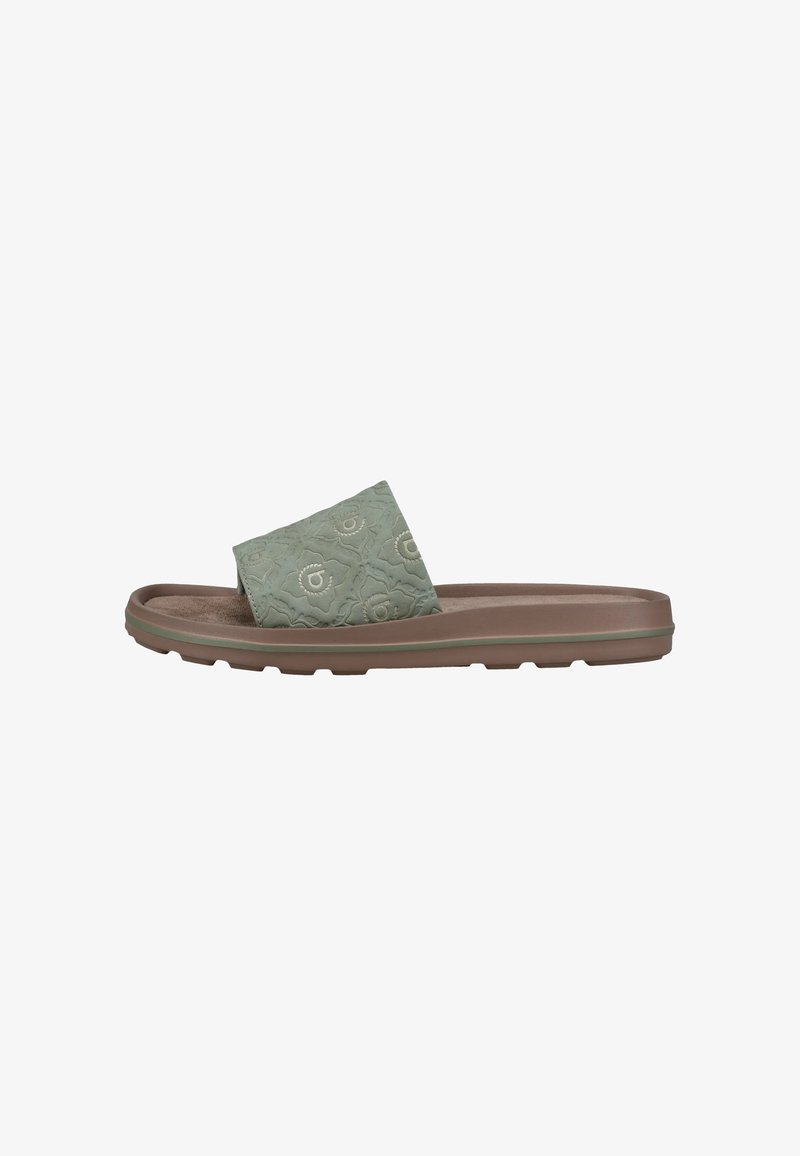 Pantolette mit einem hellgrünen, strukturierten Obermaterial im Blumenmuster, brauner Gummisohle und leichtem Profil entlang des Randes.