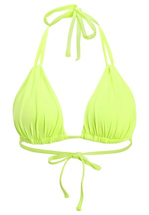 Neongrüner Bikini-Oberteil mit dreieckigen Tassen, gerafftem Stoff und verstellbaren Bindebändern am Nacken und Rücken. Glattes, dehnbares Material.