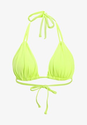 Neongrüner Bikini-Oberteil mit dreieckigen Tassen, gerafftem Stoff und verstellbaren Bindebändern am Nacken und Rücken. Glattes, dehnbares Material.