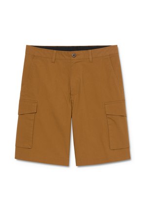Ruskeat cargo-shortsit, joissa on edessä nappikiinnitys, vyölenkit, sivutaskujen läpät ja viistot etutaskut valkoisella taustalla.