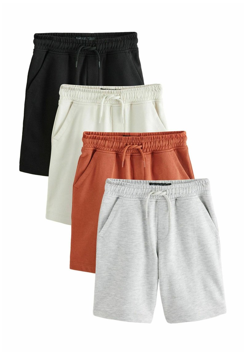 Four pairs of shorts arranged vertically: black, off-white, rusty orange, and light gray. Each features an elastic waistband and side pockets.