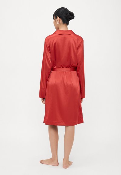 Red satin robe with a collar, long sleeves, and a belted waist. Smooth texture, knee-length, and a subtle sheen finish.