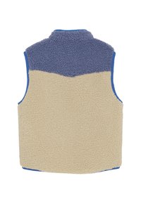 Zweifarbige Fleece-Weste mit blauem oberen und beigem unteren Rücken, gefertigt aus einem strukturierten, weichen, wollähnlichen Stoff und blauen Besätzen rund um die Armlöcher.