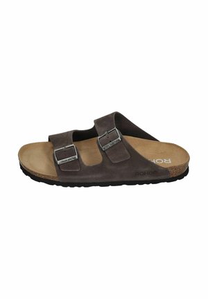 Braune Wildleder-Slidesandale mit zwei verstellbaren Schnallenriemen und konturiertem Korkfußbett mit der Aufschrift "Rohde."
