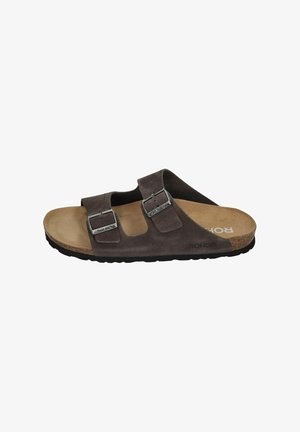 Brown suede slide sandal with two adjustable buckled straps and contoured cork footbed labeled "Rohde."