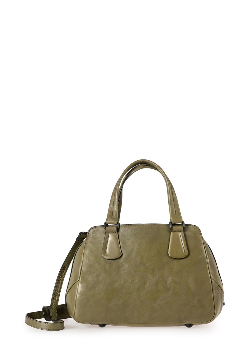 Borsa a mano in pelle verde oliva con una finitura testurizzata, doppie maniglie superiori e una tracolla rimovibile. Presenta hardware nero a contrasto.