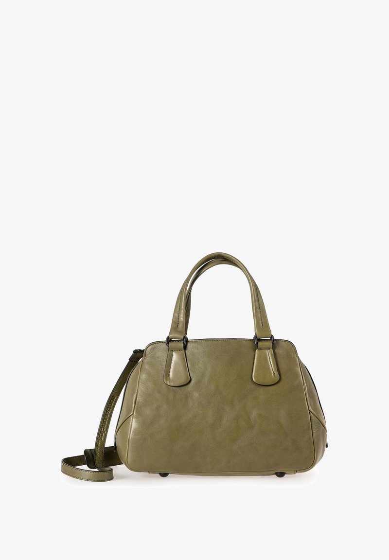 Olive green leather handbag with a textured finish, dual top handles, and a detachable shoulder strap. Features contrasting black hardware.