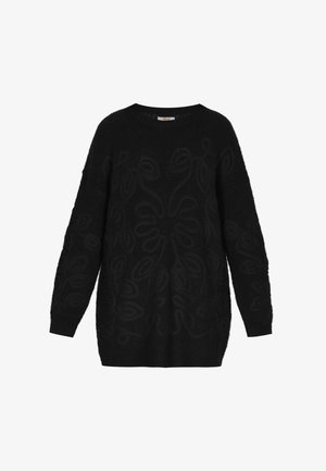 Maglione nero lavorato a maglia con maniche lunghe, vestibilità rilassata, caratterizzato da un motivo floreale testurizzato in una tonalità leggermente più scura di nero.